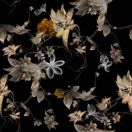 Watercolor painting of leaf and flowers, seamless pattern on dark backgroundの写真素材
