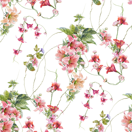 Watercolor painting of leaf and flowers, seamless pattern on white backgroundの写真素材
