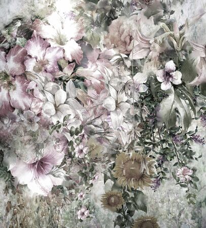 Abstract colorful flowers watercolor painting. Spring multicolored in natureの写真素材