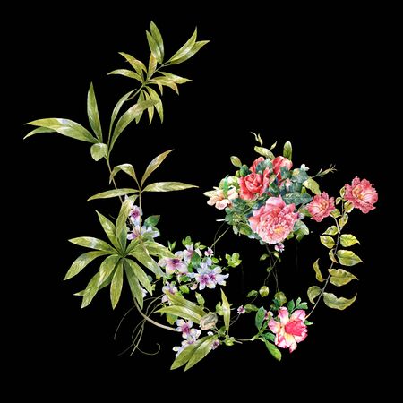 watercolor painting of leaves and flower, on dark backgroundの写真素材