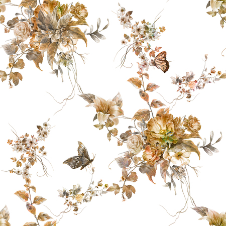 Watercolor painting of leaf and flowers, seamless pattern on white backgroundの写真素材