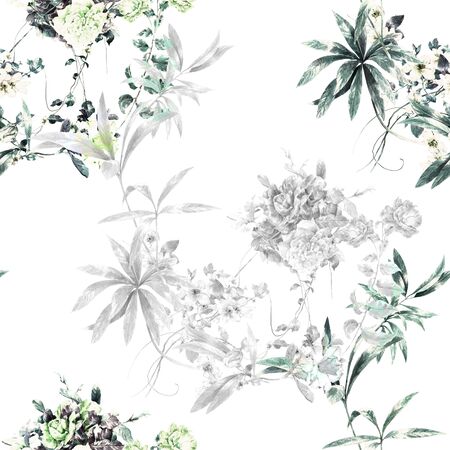 Watercolor painting of leaf and flowers, seamless pattern on white backgroundの写真素材