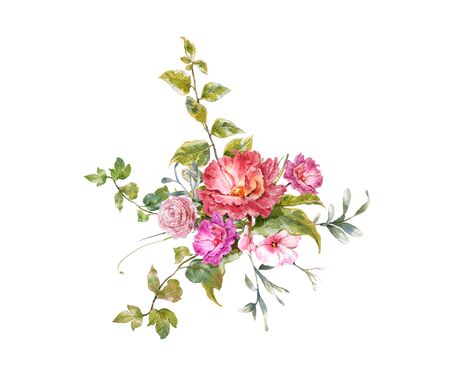 watercolor painting of leaves and flower, on white backgroundの写真素材