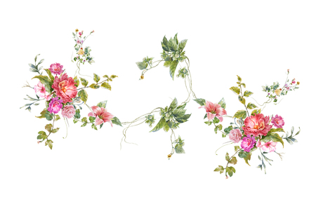 watercolor painting of leaves and flower, on white backgroundの写真素材
