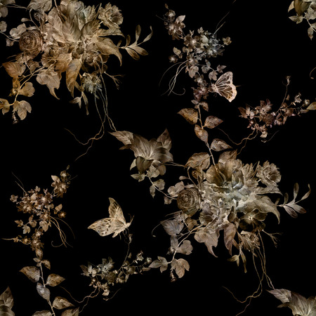Watercolor painting of leaf and flowers, seamless pattern on dark backgroundの写真素材