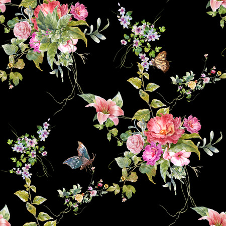 Watercolor painting of leaf and flowers, seamless pattern on dark backgroundの写真素材