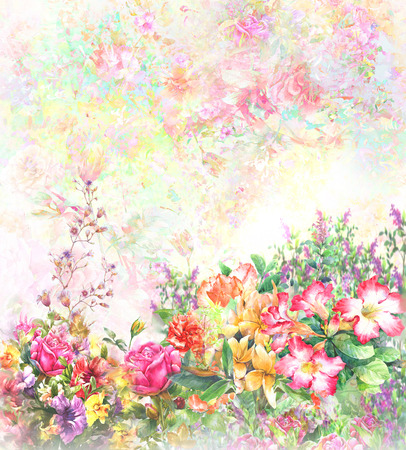 Abstract colorful flowers watercolor painting. Spring multicolored in natureの写真素材