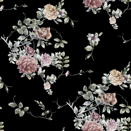 Watercolor painting of leaf and flowers, seamless pattern on dark backgroundの写真素材