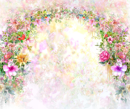 Abstract colorful flowers watercolor painting. Spring multicolored in natureの写真素材