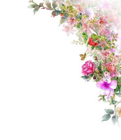 watercolor painting of leaves and flower, on white backgroundの写真素材