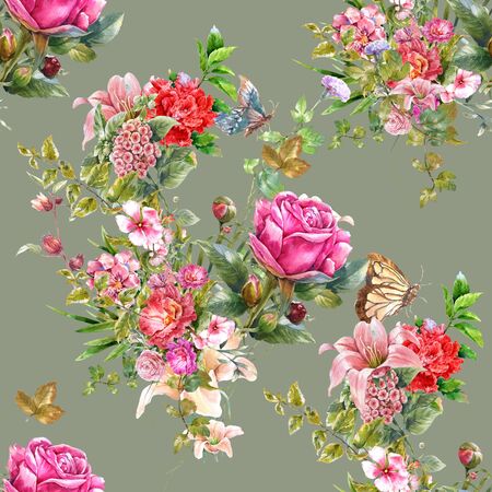 Watercolor painting of leaf and flowers, seamless pattern on green,gray backgroundの写真素材