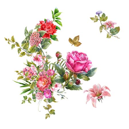 watercolor painting of leaves and flower, on white backgroundの写真素材