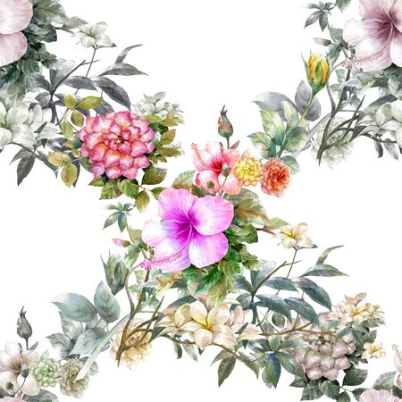 Watercolor painting of leaf and flowers, seamless pattern on white backgroundの写真素材