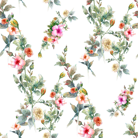 Watercolor painting of leaf and flowers, seamless pattern on white backgroundの写真素材