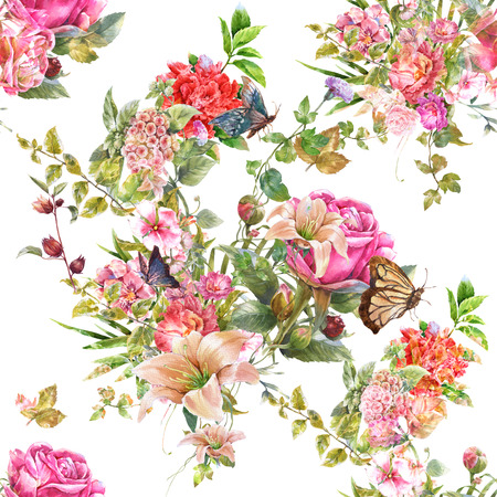 Watercolor painting of leaf and flowers, seamless pattern on white backgroundの写真素材