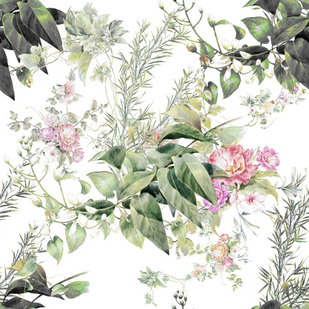 Watercolor painting of leaf and flowers, seamless pattern on white backgroundの写真素材