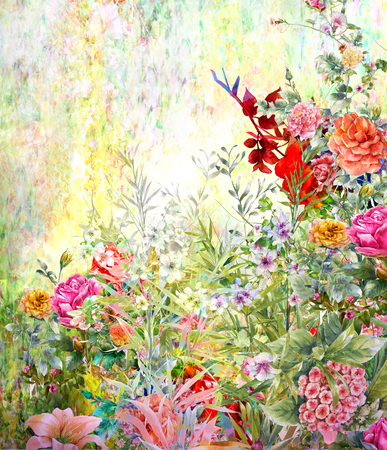 Abstract colorful flowers watercolor painting. Spring multicolored in natureの写真素材