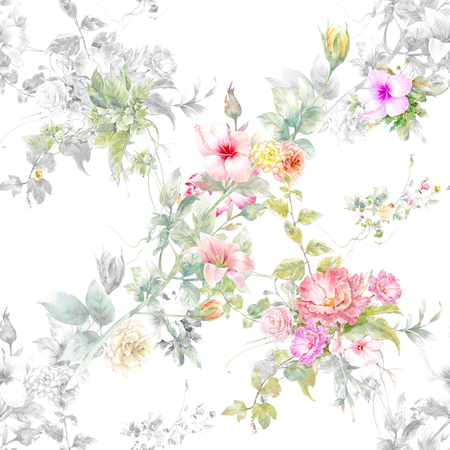 Watercolor painting of leaf and flowers, seamless pattern on white backgroundの写真素材