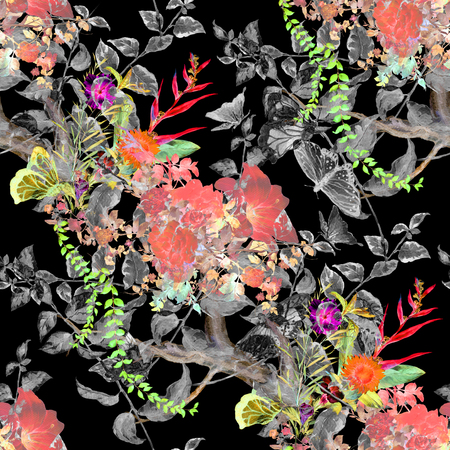 Watercolor painting of leaf and flowers, seamless pattern on dark backgroundの写真素材