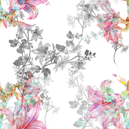 Watercolor painting of leaf and flowers, seamless pattern on white backgroundの写真素材