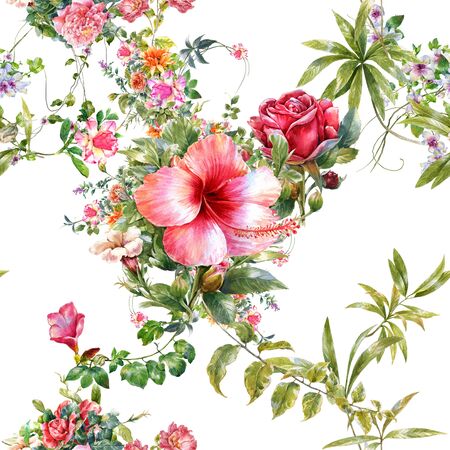 Watercolor painting of leaf and flowers, seamless pattern on white backgroundの写真素材