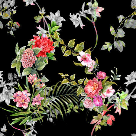 Watercolor painting of leaf and flowers, seamless pattern on dark backgroundの写真素材