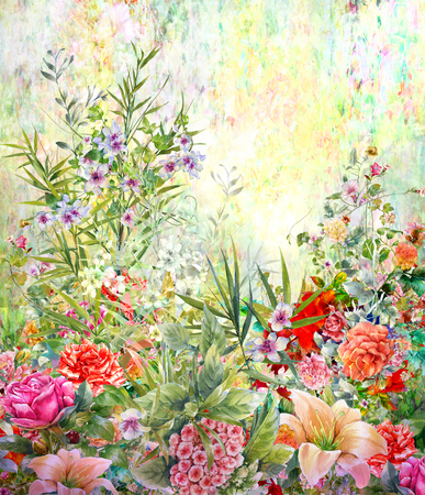 Abstract colorful flowers watercolor painting. Spring multicolored in natureの写真素材
