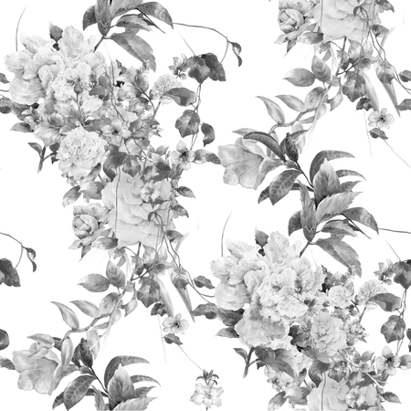 Watercolor painting of leaf and flowers, seamless pattern on white backgroundの写真素材