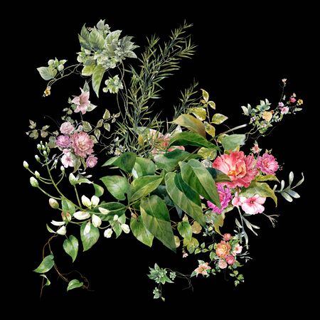 watercolor painting of leaves and flower, on dark backgroundの写真素材