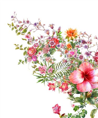 watercolor painting of leaves and flower, on white backgroundの写真素材
