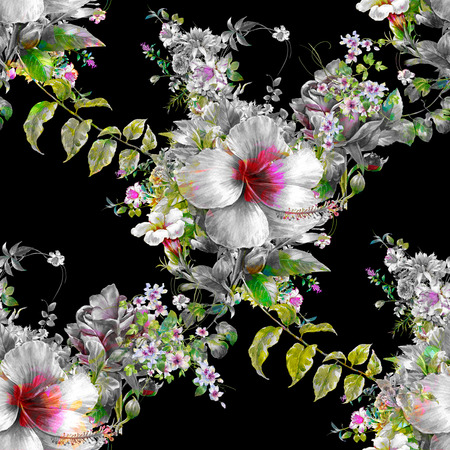 Watercolor painting of leaf and flowers, seamless pattern on dark backgroundの写真素材