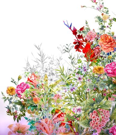 watercolor painting of leaves and flower, on white backgroundの写真素材
