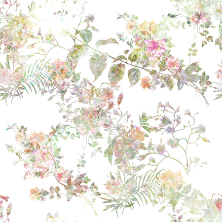 Watercolor painting of leaf and flowers, seamless pattern on white backgroundの写真素材