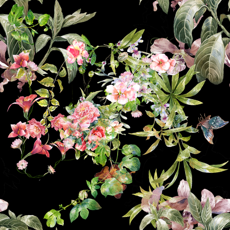 Watercolor painting of leaf and flowers, seamless pattern on dark backgroundの写真素材