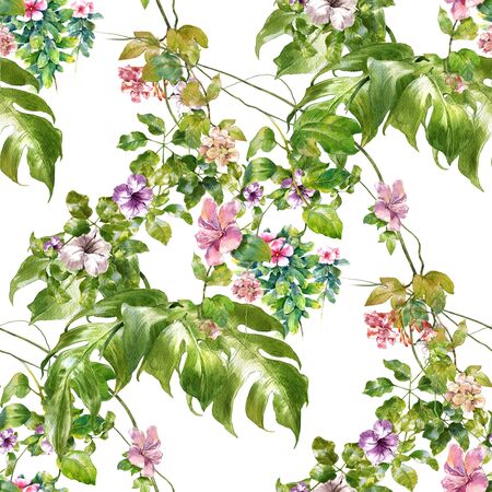 Watercolor painting of leaf and flowers, seamless pattern on white backgroundの写真素材