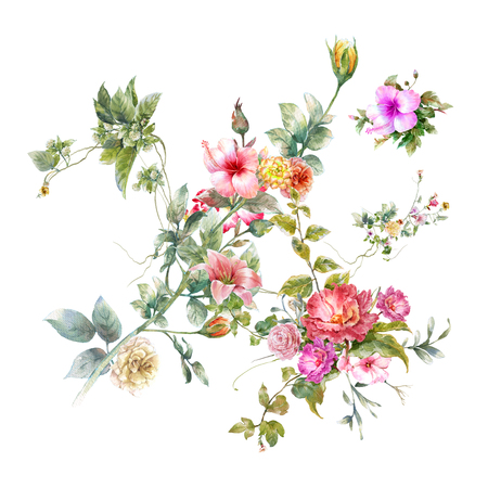 watercolor painting of leaves and flower, on white backgroundの写真素材