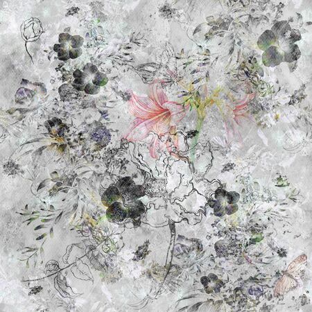 Watercolor painting of leaf and flowers, seamless patternの写真素材