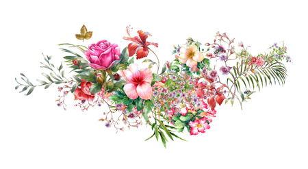 watercolor painting of leaves and flower, on white backgroundの写真素材