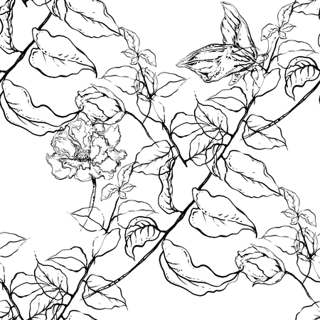 Watercolor painting of leaf and flowers, seamless pattern on white backgroundの写真素材