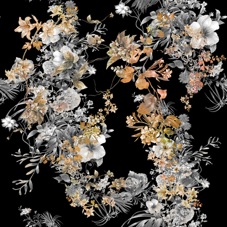 Watercolor painting of leaf and flowers, seamless pattern on dark backgroundの写真素材