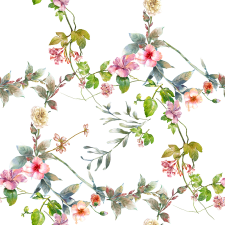Watercolor painting of leaf and flowers, seamless pattern on white backgroundの写真素材