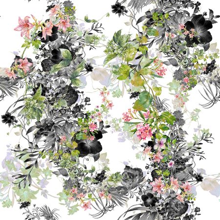 Watercolor painting of leaf and flowers, seamless pattern on white backgroundの写真素材