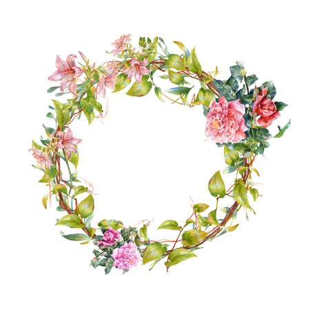 watercolor painting of leaves and flower,The letter O on white backgroundの写真素材