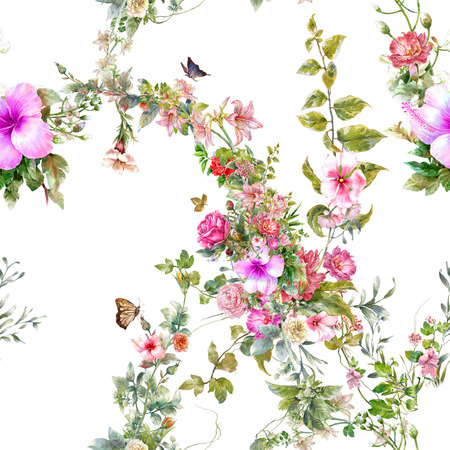 Watercolor painting of leaf and flowers, seamless pattern on white backgroundの写真素材