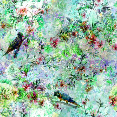 Watercolor painting with birds and flowers, seamless patternの写真素材