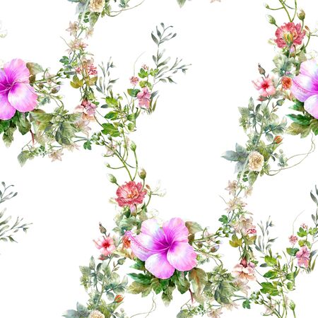 Watercolor painting of leaf and flowers, seamless pattern on white backgroundの写真素材