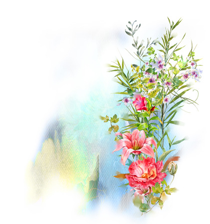 watercolor painting of leaves and flower, on white backgroundの写真素材