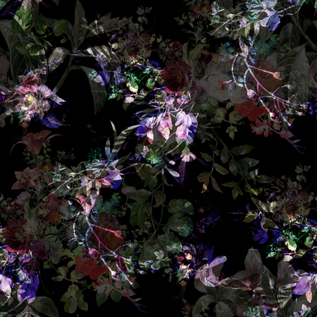 Watercolor painting of leaf and flowers, seamless pattern on dark backgroundの写真素材