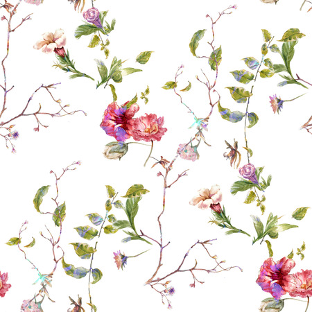 Watercolor painting of leaf and flowers, seamless pattern on white backgroundの写真素材