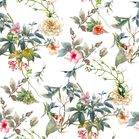 Watercolor painting of leaf and flowers, seamless pattern on white backgroundの写真素材